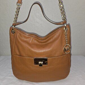 MICHAEL KORS Channing Large Brown Grain Leather Crossbody Shoulder Bag 2 Straps